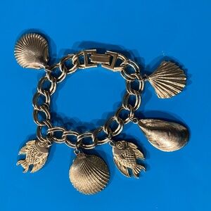 Heavy Chain Charm Bracelet Shells Fish 6.5”x 1.5” Ocean Nautical Beach